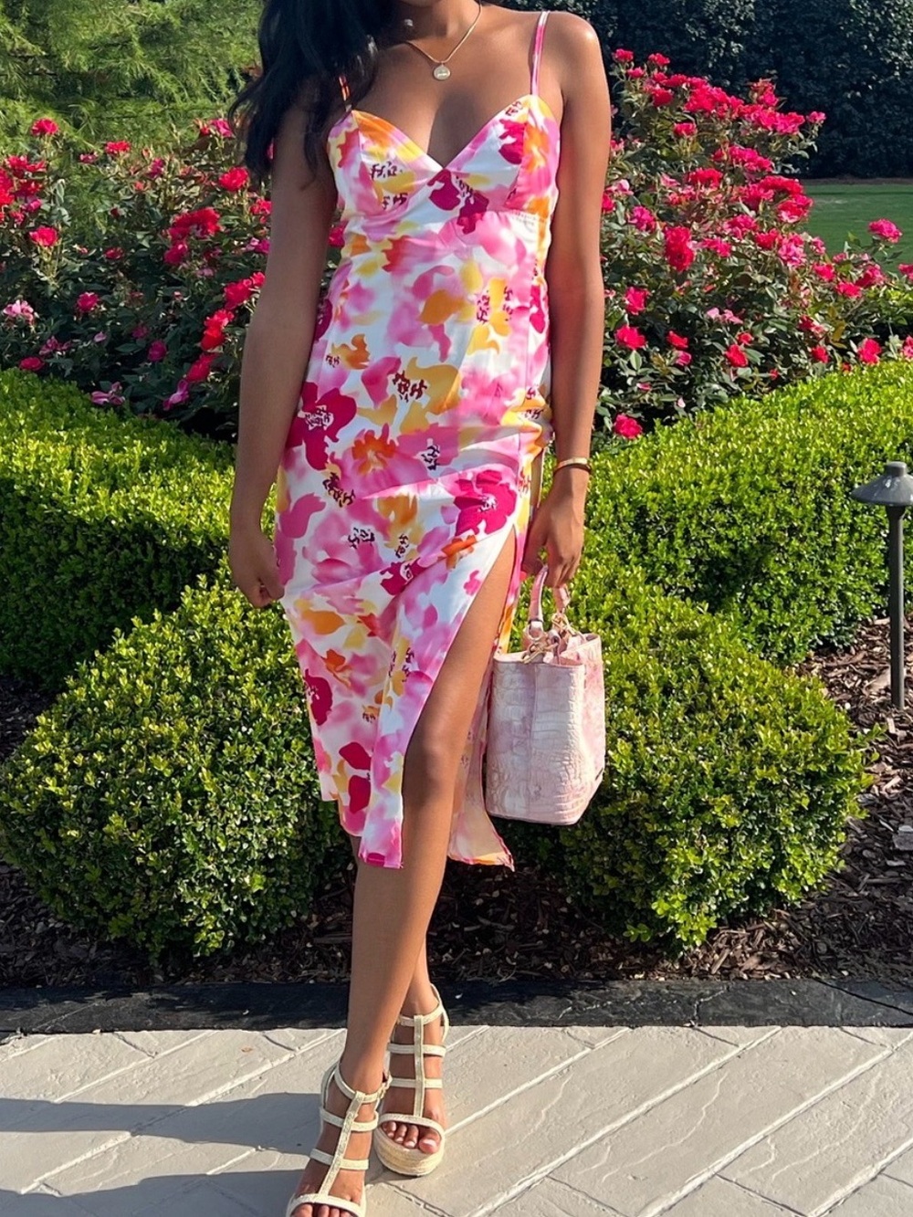SHEIN Floral Pink Midi Slip Dress with Side Slit